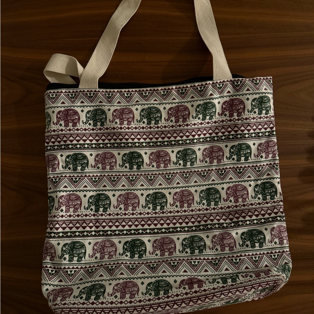Elephant Print Tote Bag - Cream, Green, and Purple